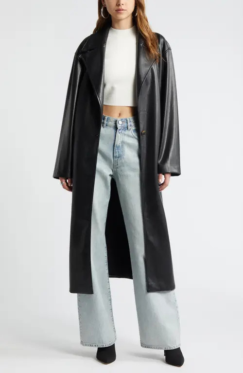 Open Edit Faux Leather Trench Coat in Black at Nordstrom, Size Medium | Nordstrom