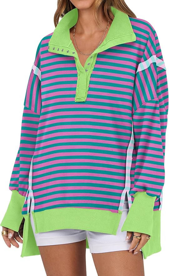 ANRABESS Women's Sweatshirts Oversized Casual Loose Button Up Henley Pullover Top High Low Split ... | Amazon (US)