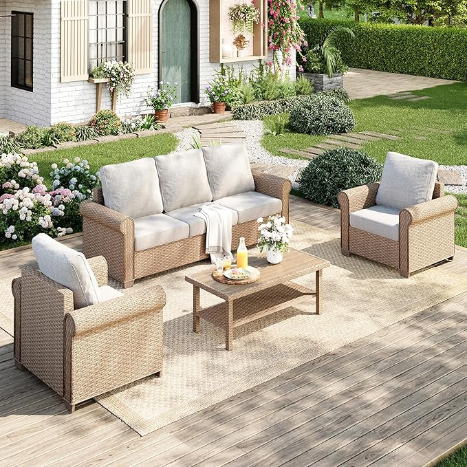 MIXPATIO Patio Furniture Set 4 pcs, Wicker Outdoor Patio Furniture, 3-Seat Sofa, 2 Single Chairs ... | Amazon (US)
