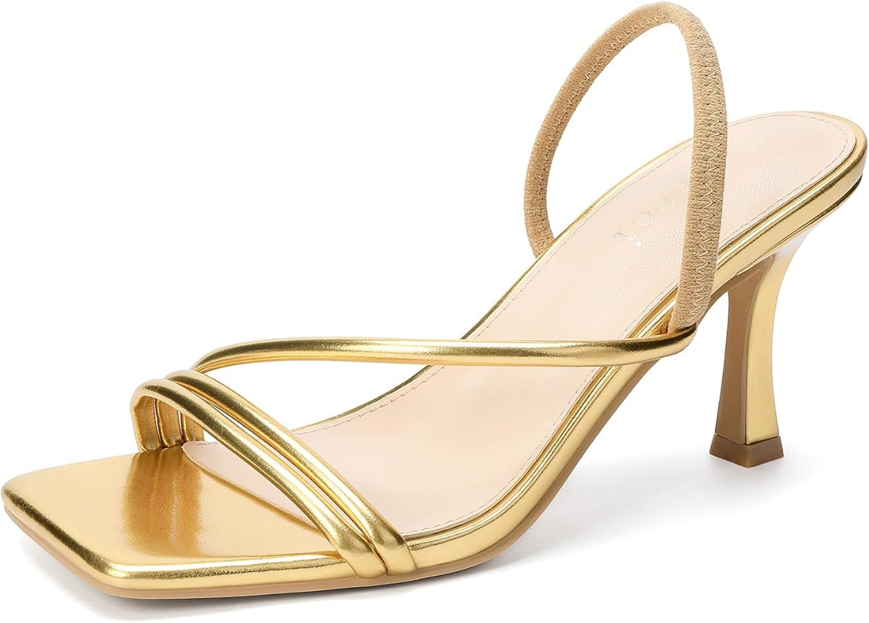 Kitten Strappy Heels for Women Square Open Toe Ankle Strap Heeled Sandals Dressy Wedding Shoes | Amazon (US)