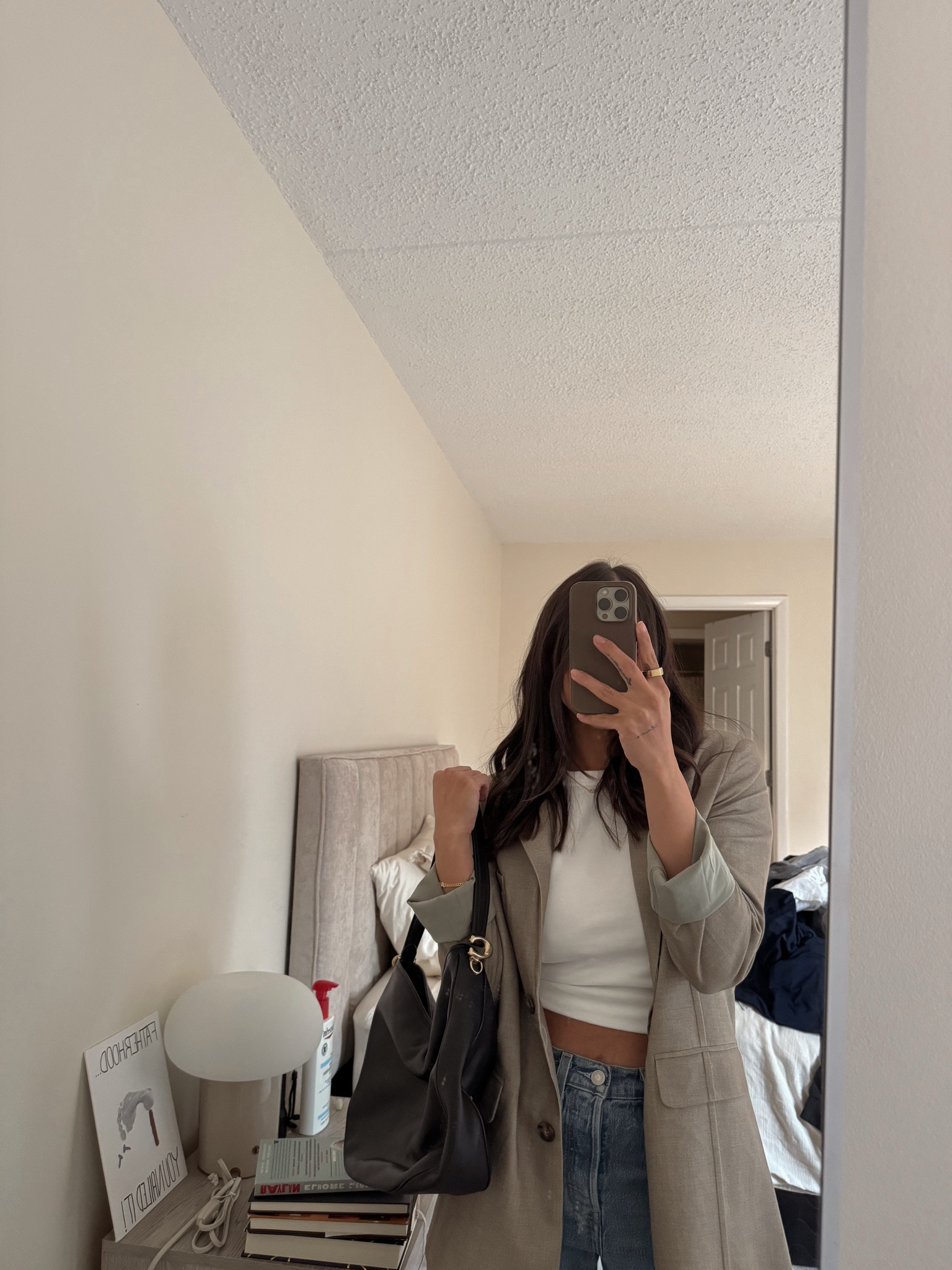 Blazer outfits, Fall bags. The blazer runs oversized, got it in an Xsmall. Phone case is in Taupe