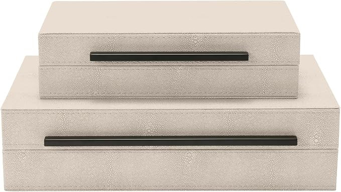 Sagala Set of 2 Ivory Shagreen Decorative Boxes With Black Metal Handles, Faux Leather Jewelry Bo... | Amazon (US)