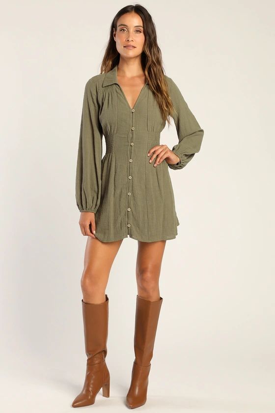 Best Harvest Olive Long Sleeve Button-Up Mini Dress With Pockets | Lulus (US)