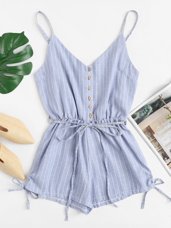 Button Detail Knot Striped Cami Romper | SHEIN