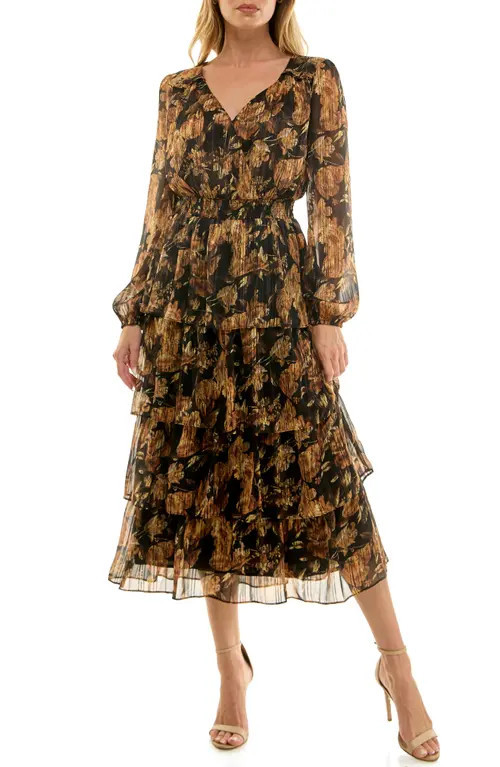 Socialite Floral Long Sleeve Tiered Midi Dress in Black Gold Vintage at Nordstrom, Size X-Small | Nordstrom