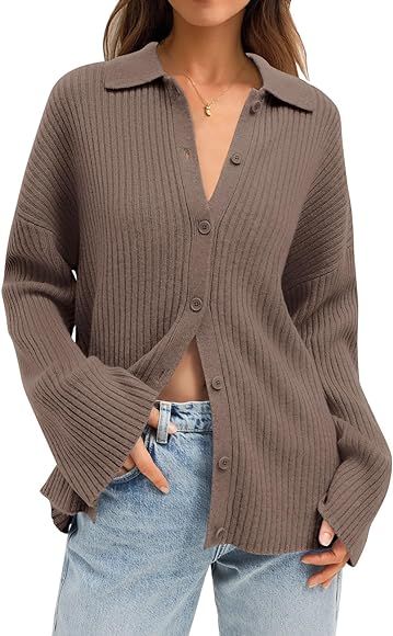 LILLUSORY Women's Cardigan 2023 Long Sleeve Button Down Sweater Shirts Lightweight Collared Loose... | Amazon (US)