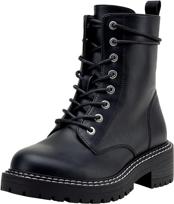 Jeossy Women's 9627 Combat Ankle Boots Low Heel Lace-up Booties with Side Zipper | Amazon (US)