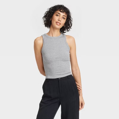 Women's Slim Fit Cropped Ribbed Tank Top - A New Day™ Gray M: Cotton Modal Blend, Crew Neck, Sl... | Target