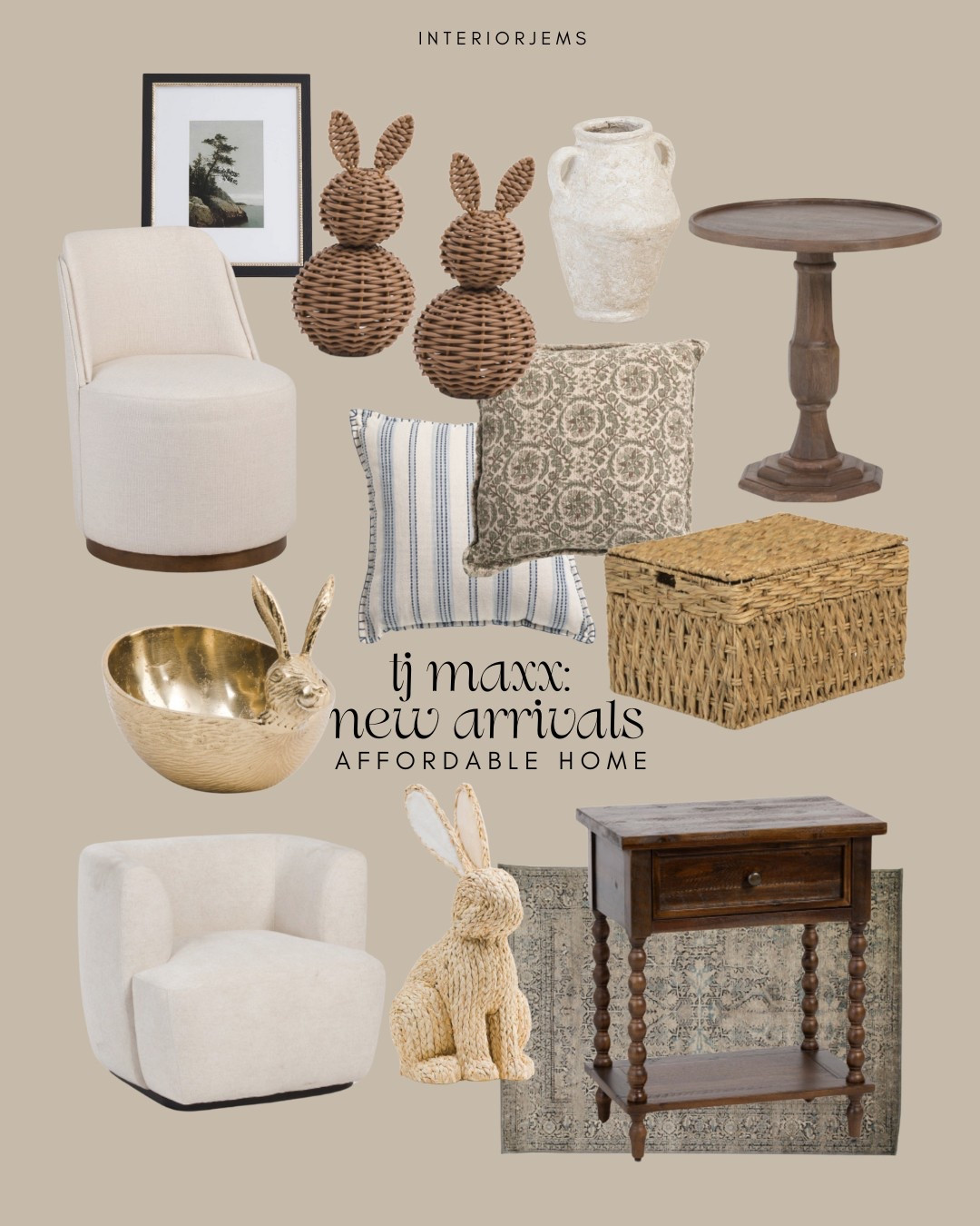 T.J. Maxx, new arrivals furniture and decor, affordable home furniture, twisted, turned leg, nightstand, or small end table, accent chair, lounge, chair, dining room, upholstered chair, set of rattan, bunnies, Easter decor, love this brass, bunny dish, throw pillows, bed, pillow, pillows, sofa, pillow, pillows, framed, and ready, Art

#LTKStyleTip #LTKHome #LTKSaleAlert