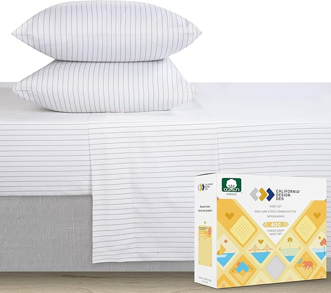 Premium 400-Thread-Count 100% Natural Cotton Sheets - 3-Piece Pinstripe Light Grey Twin XL Sheet ... | Amazon (US)