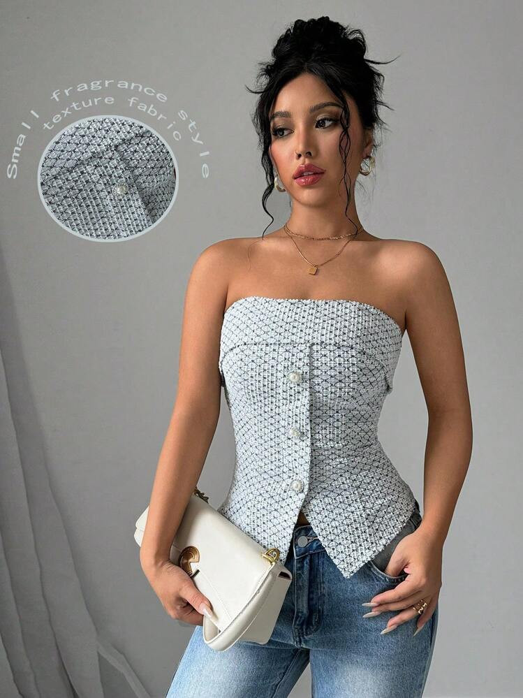 Elenzga Elenzya Women's Fashionable Fitted Grey Off-Shoulder Top For Summer And Autumn, With Butt... | SHEIN