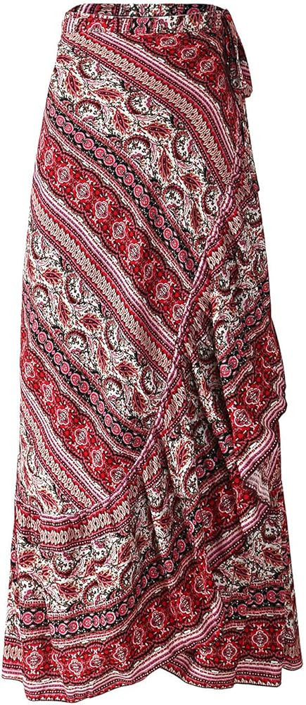 ForeMode Women Boho Print High Waist Side Wrap Bohemian Asymmetric Hem Maxi Long Skirt One Size | Amazon (US)