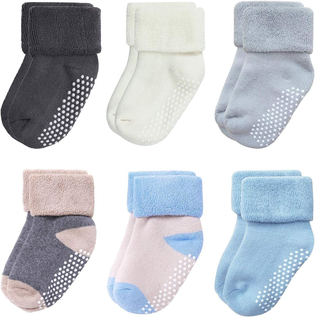 VWU Ankle Crew Socks with Grips, Baby Toddler Kids Unisex Warm Thick Cotton Socks 0-6T 6-Pack | Amazon (US)