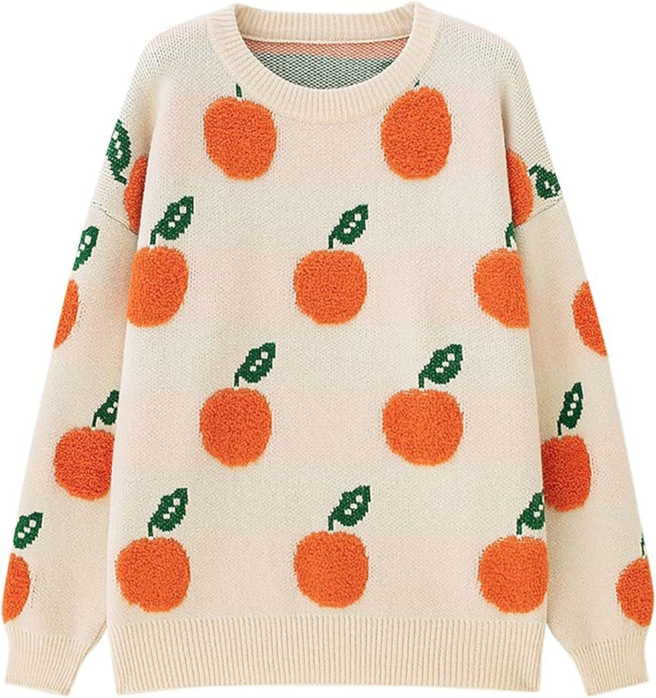 Womens Knitted Orange Sweater Casual Loose Long Sleeve Pullover Sweater Tops | Amazon (US)