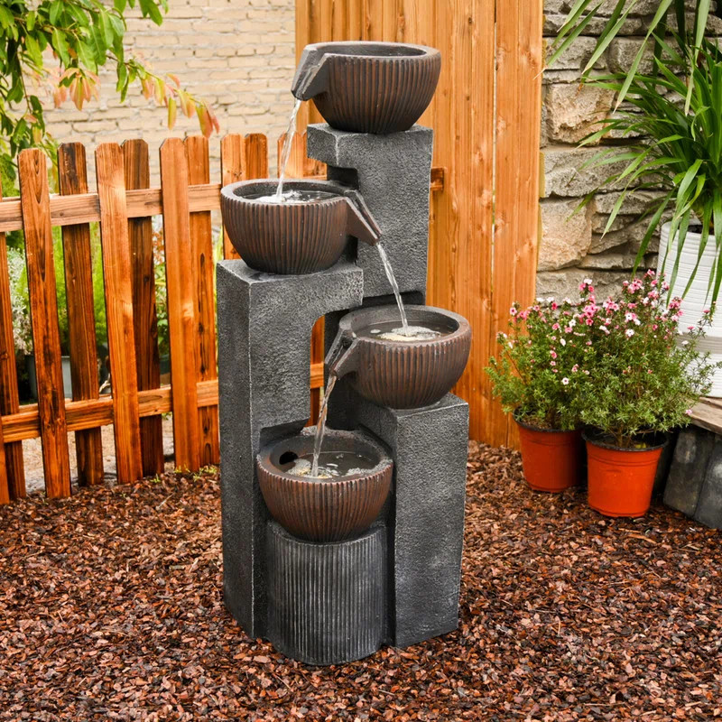 4 Tiered Cascading Outdoor Water Fountain with LED Lights 39.37’’H Floor-Standing Garden Wate... | Wayfair North America