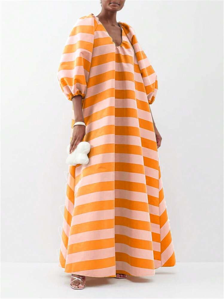 Romantic Striped Maxi Dress For Women - Plunging V-Neck With Three-Quarter Bell Sleeves, Loose Fi... | SHEIN