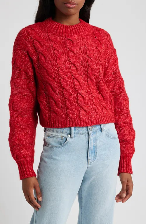 All in Favor Cable Knit Crop Sweater in Red at Nordstrom, Size Large | Nordstrom
