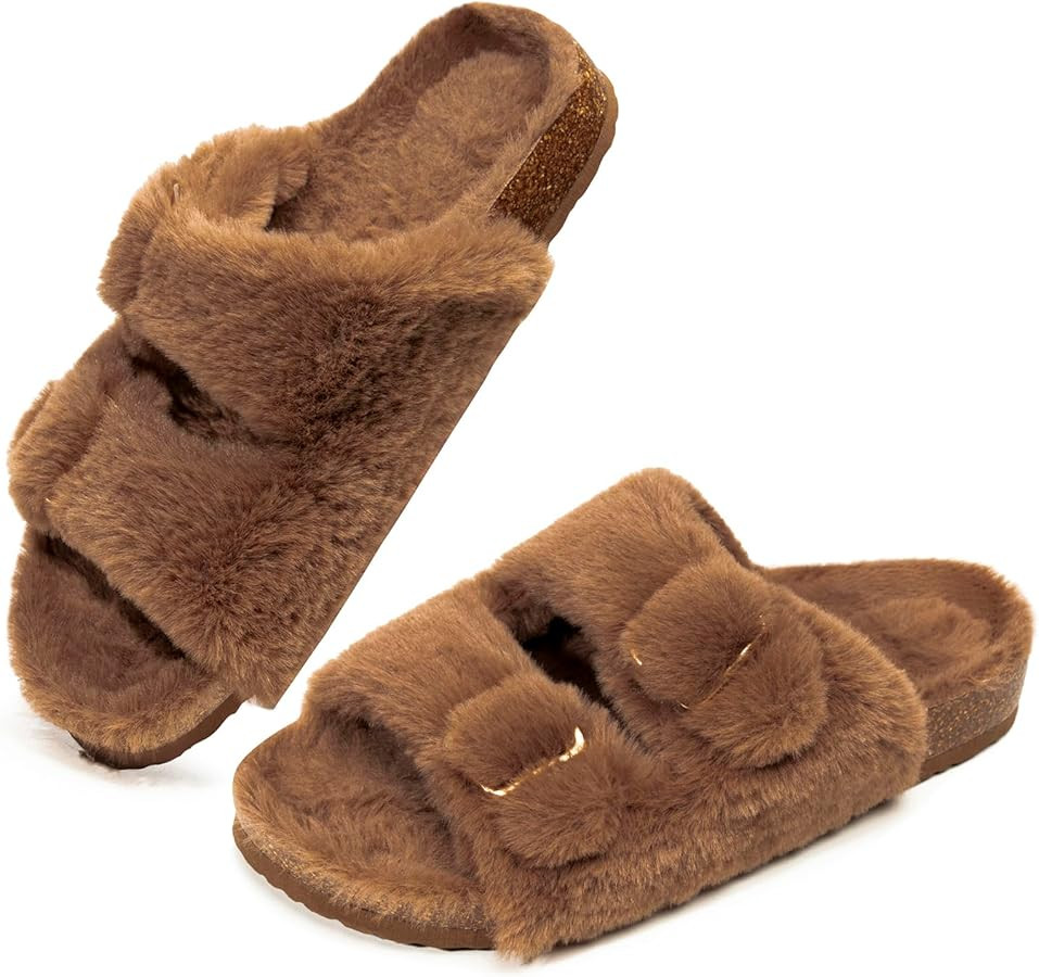 FITORY Womens Open Toe Slipper with Cozy Lining,Faux Rabbit Fur Cork Slide Sandals Size 6-11 | Amazon (US)