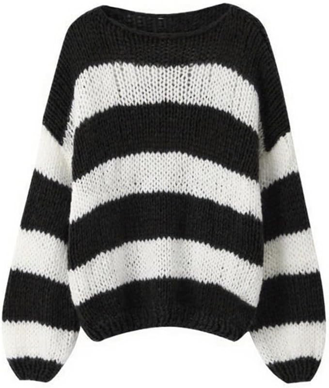 Oversized Sweaters for Women Color Block Striped Sweaters Y2K Crewneck Long Sleeve Knit Sweater | Amazon (US)