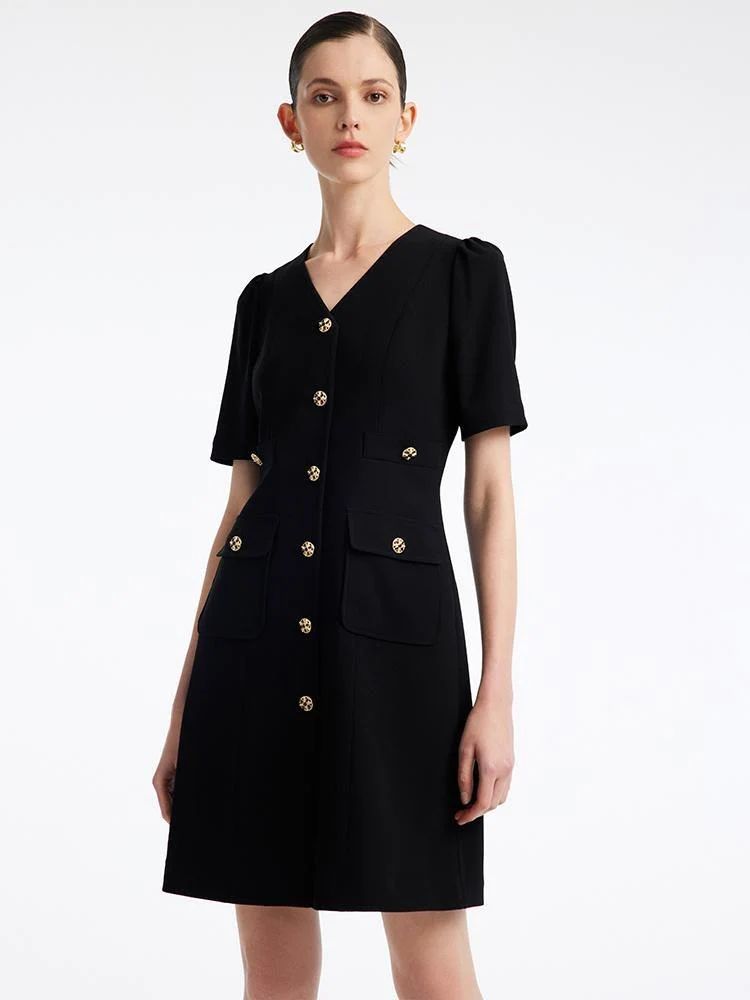 Black Triacetate Button Front Mini Dress | GOELIA