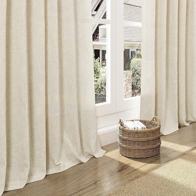 Tan Beige Linen Curtains 90 inch Length for Living Room 2 Panel Set Burlap Textured Semi Sheer Li... | Amazon (US)