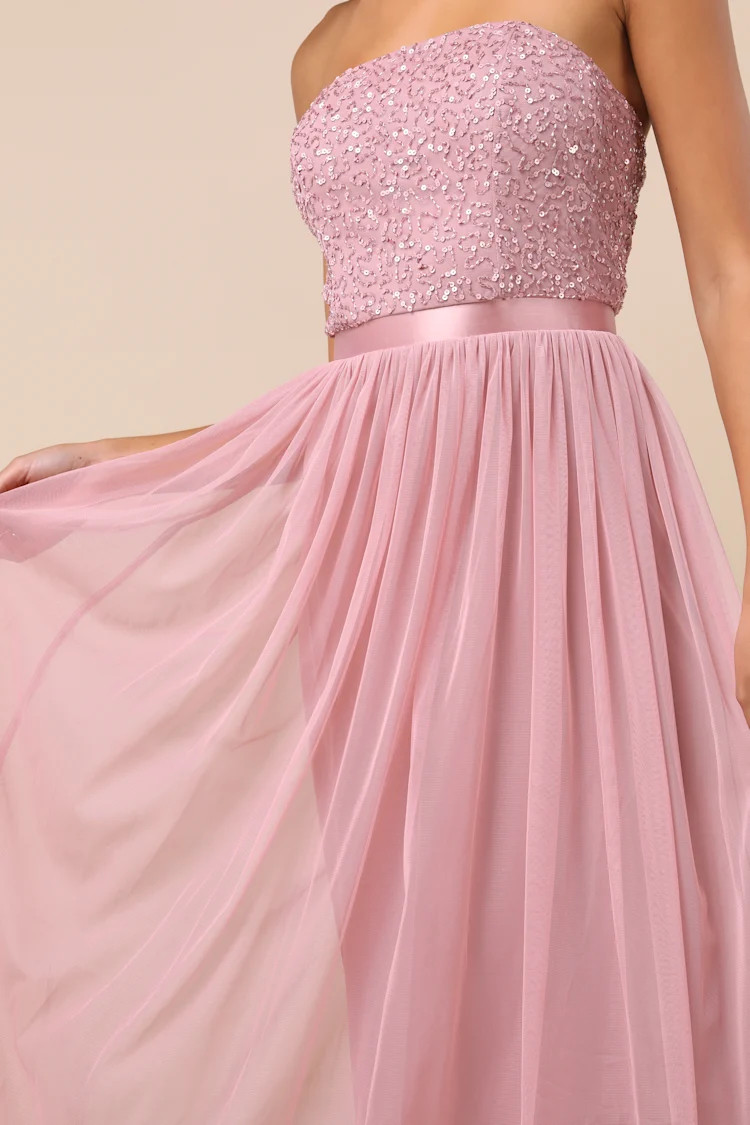 Lonica Mauve Sequin Beaded Strapless Maxi Dress | Lulus