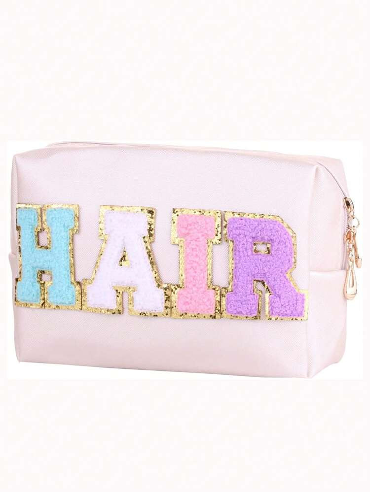 1pc Girls Women PU Waterproof Chenille Letter Patch Preppy Cosmetic Travel Toiletry Bag With Zipp... | SHEIN