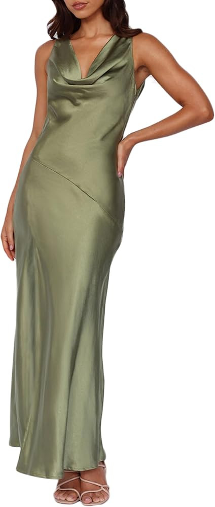 Satin Cowl Neck Sleeveless Backless Maxi Wedding Guest Dress Silk Open Back Tie Back Prom Formal ... | Amazon (US)