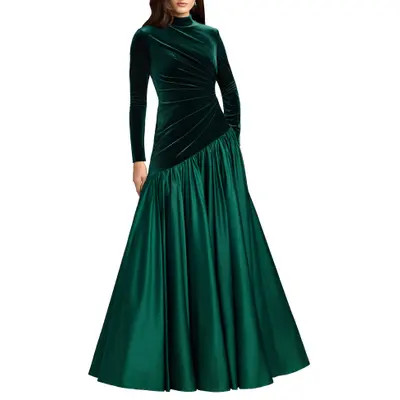 Mac Duggal Velvet Long Sleeve Mock Neck Charmeuse Skirt Gown in Emerald at Nordstrom, Size 6 | Nordstrom