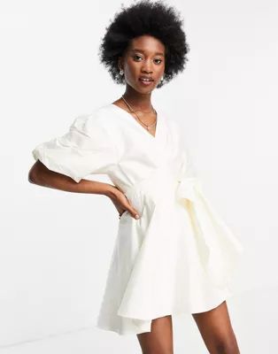 Ever New tie waist cotton poplin mini dress with oversized sleeve in white | ASOS | ASOS (Global)