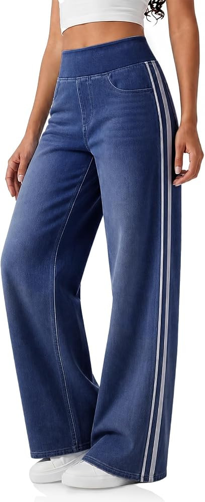 Cicy Bell Womens Pull On Jeans Wide Leg Stretchy Side Striped Denim Pants | Amazon (US)
