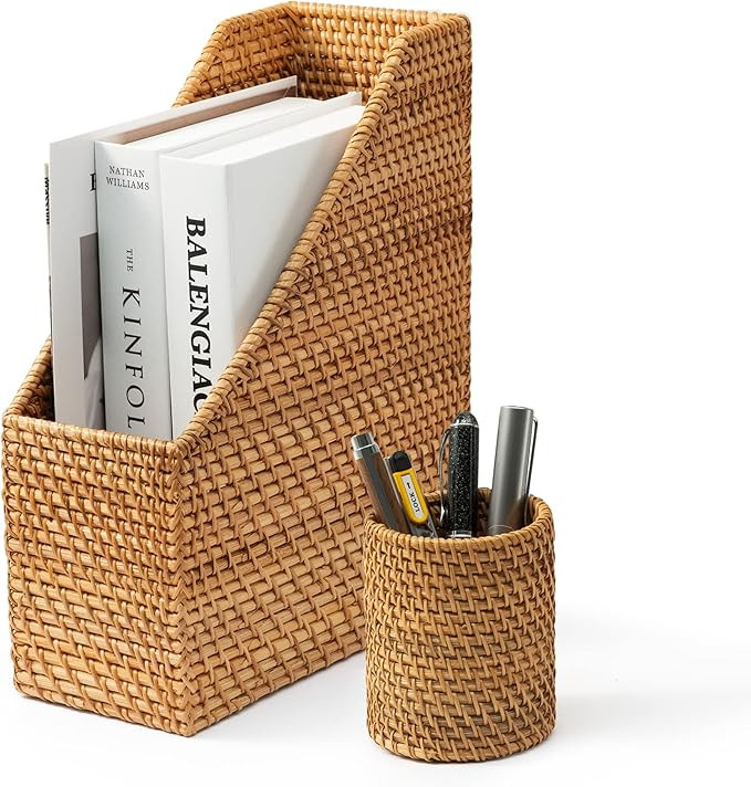Rattan Magazine File Holder and Pen Cup Bundle, Rattan Magazine Organizer, Magazine Holder for Fi... | Amazon (US)