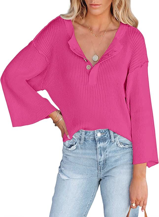 Women's V Neck Knit Sweater 3/4 Sleeve Button Oversized Henley Tops Spring Pullover Sweaters Jump... | Amazon (US)