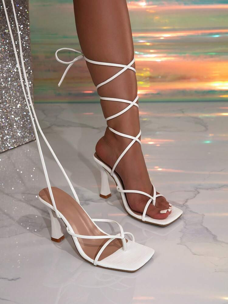 Women's Elegant Wrap-Around Strap Alligator Embossed Formal Sandals, Suitable For Gala, Company Party, Wedding Guest, Black/White, Synthetic Material, Comfortable Straps, Alligator Texture Adds Luxurious Feel, Chunky Heel For Extended Wear, Pairs Well With Satin Maxi Dress Or Chic Outfit | SHEIN