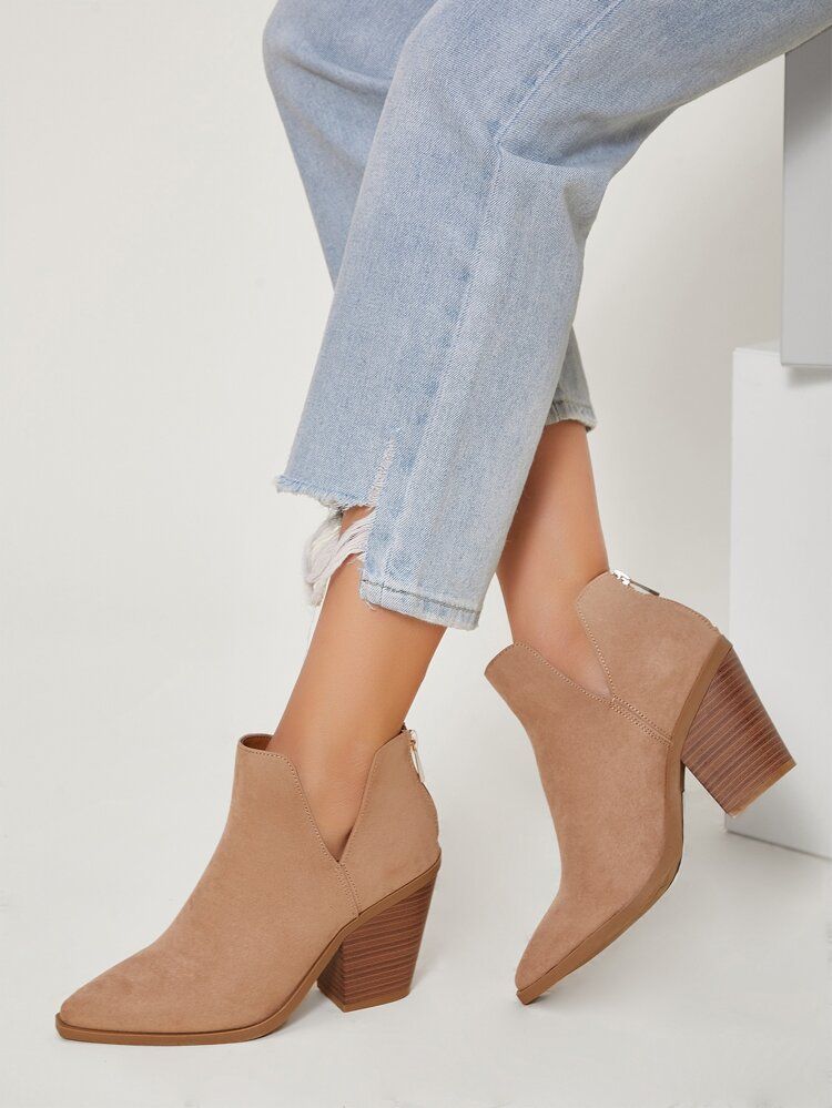 Vegan Suede Notched Block Heel Boots | SHEIN