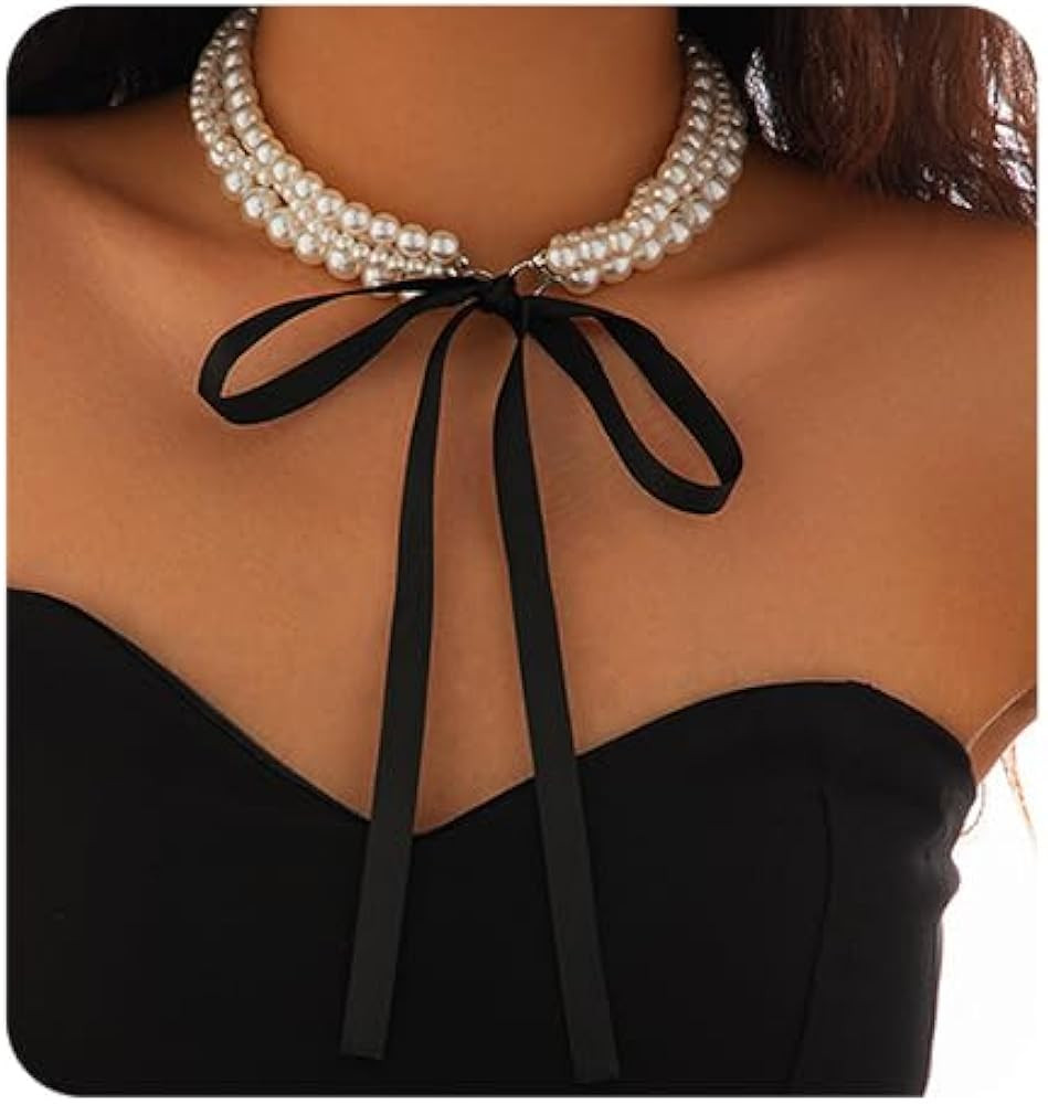 1920s White Pearl Choker Trendy Black Ribbon Bow Necklace Chunky Multi Layered Collar Wedding Bri... | Amazon (US)