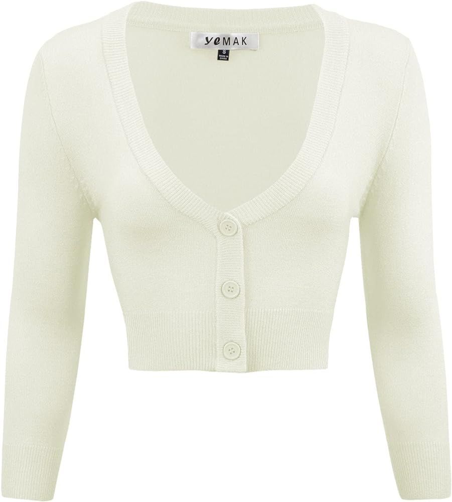 YEMAK Women's Cropped Bolero Cardigan – 3/4 Sleeve V-Neck Basic Classic Casual Button Down Knit... | Amazon (US)