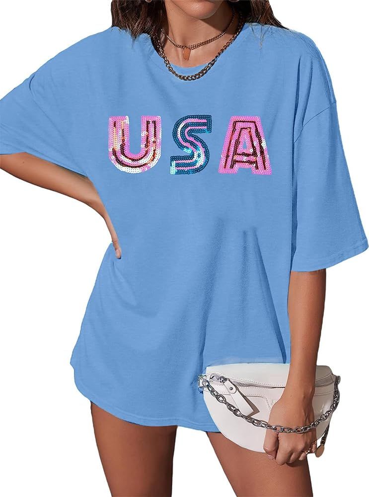 Oversized USA Shirt Women American Flag T-Shirt 4th of July Memorial Gift Tee USA Sequin Patrioti... | Amazon (US)