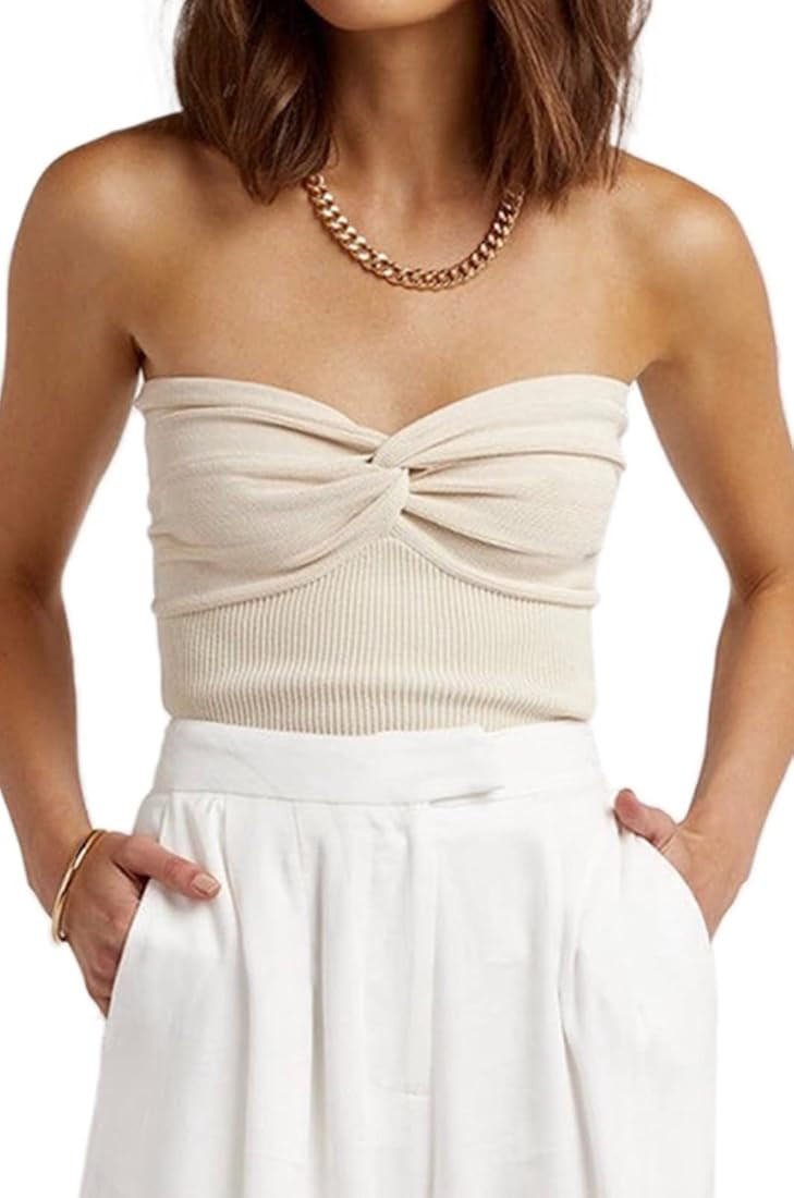 NTSWZYS Womens Strapless Crop Top Sexy Twist Knot Front Solid Ribbed Knit Tube Top Sleeveless Cam... | Amazon (US)