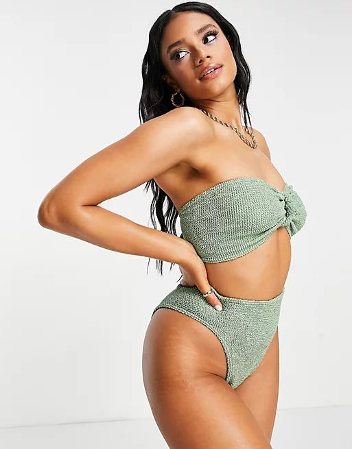 ASOS DESIGN mix and match crinkle high leg high waist bikini bottom in khaki | ASOS (Global)