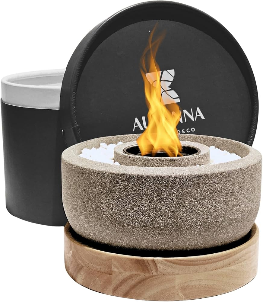 Tabletop Fire Pit, Glass Reinforced Concrete, Indoor/Outdoor, Hardwood Base/Cover, Smokeless Rubb... | Amazon (US)