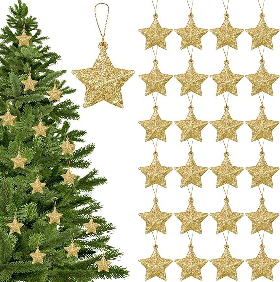 Shappy 48 Pcs Gold Glitter Star Ornaments Christmas Tree Pendant Mini Hanging Stars Plastic Gold ... | Amazon (US)