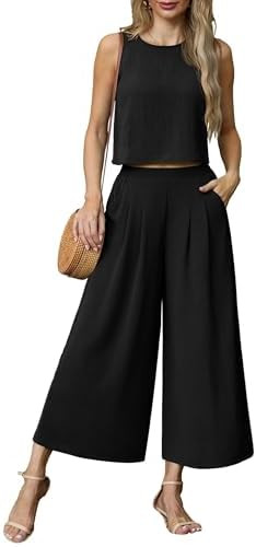 Lepunuo Womens Summer 2 Piece Outfits Sleeveless Crop Top Flowy Wide Leg Pants Matching Sets Vaca... | Amazon (US)