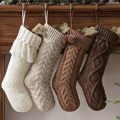 Farmhouse Knitted Christmas Stockings: 4 Pack 18 Inch Rustic Neutral Cable Knit Fireplace Stockin... | Amazon (US)