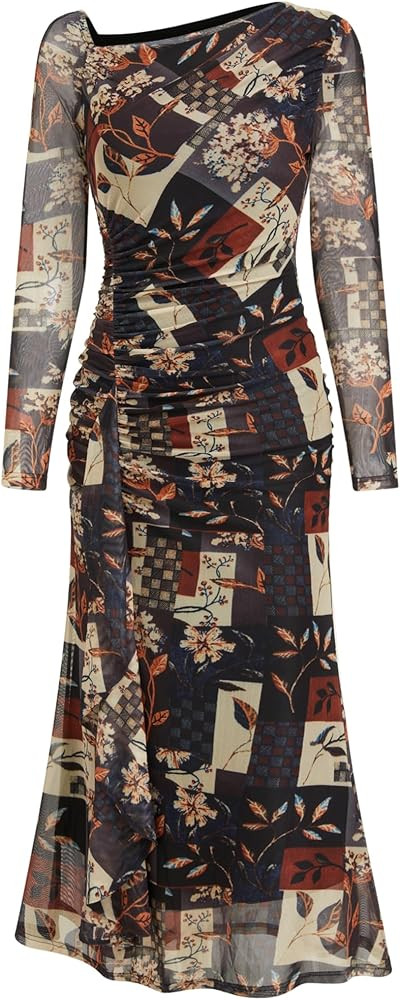 CIDER Floral Print Mesh Long Sleeve Dress Ruched Bodycon Midi Dress Women | Amazon (US)