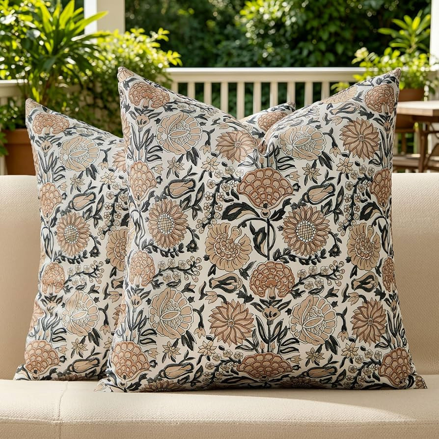Allorry Outdoor Pillow Covers 18x18 Set of 2 Vintage Light Brown Floral Block Print Pillow Cover ... | Amazon (US)