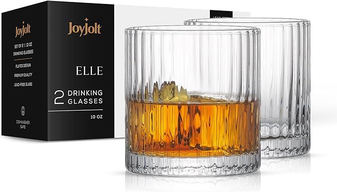 JoyJolt Fluted Whiskey Glasses – ELLE 10oz Short Drinking Glasses. 2 Ribbed Scotch Glasses. Gin... | Amazon (US)