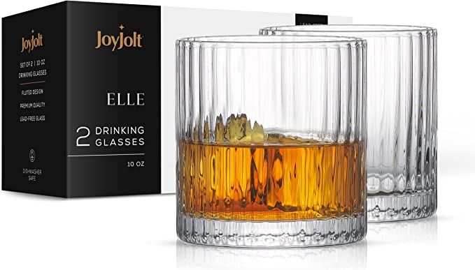JoyJolt Fluted Whiskey Glasses – ELLE 10oz Short Drinking Glasses. 2 Ribbed Scotch Glasses. Gin... | Amazon (US)