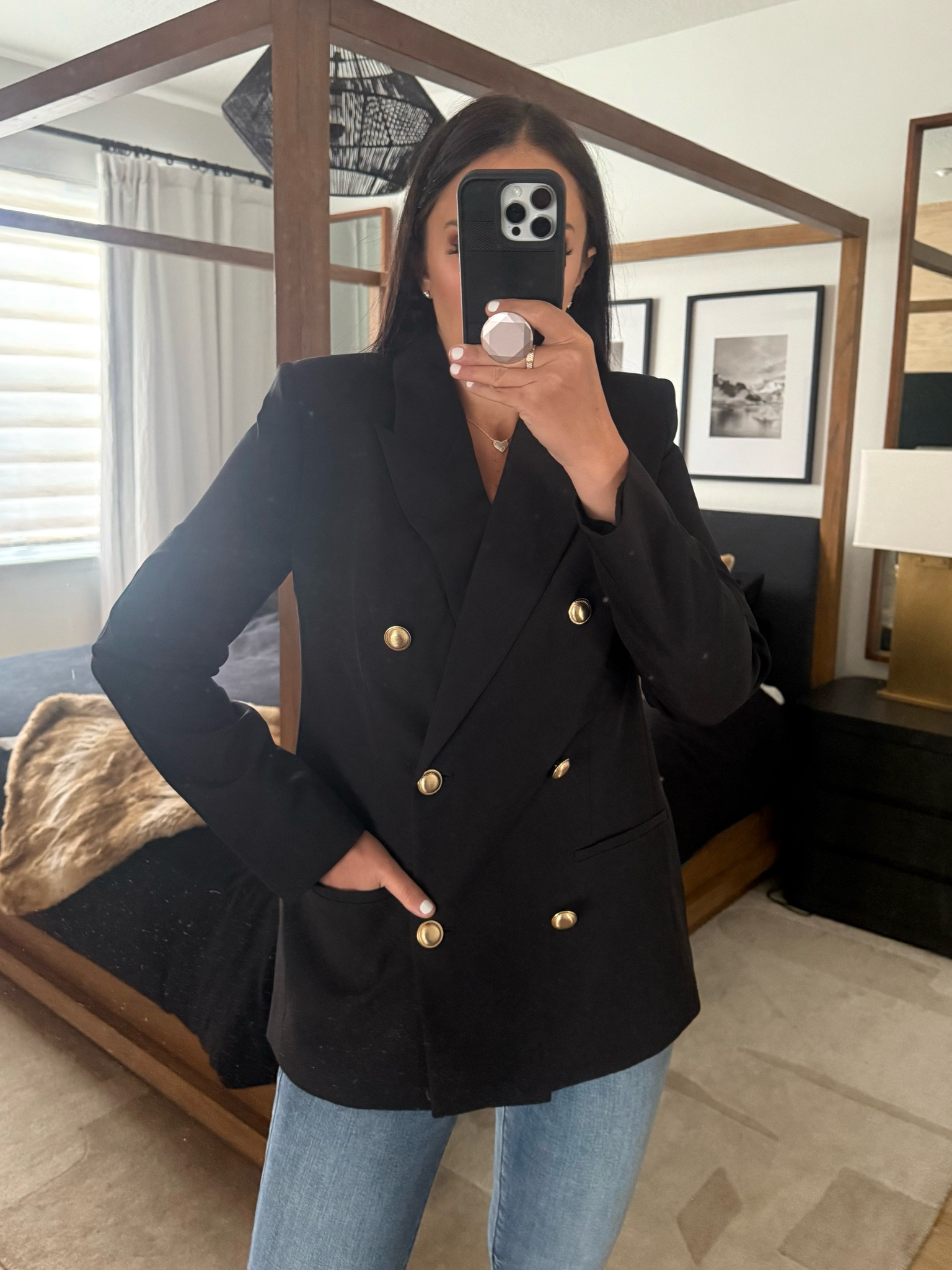 Double Breasted Novelty Button Blazer wearing size small. Mid Rise Dark Wash Ripped Hem Skinny - wearing size 4. High Waisted Light Wash FlexX Ripped Skinny Jeans wearing size small. 