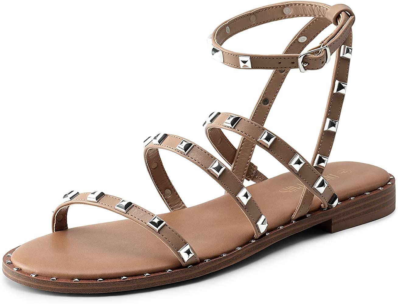Women's Clear Studded Pearl Gladiator Strappy Flat Sandals | Amazon (US)